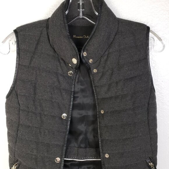 Massimo Dutti Puffer Vest Snap Buttons size XS Black/ Gray Leather Trim - Picture 3 of 15